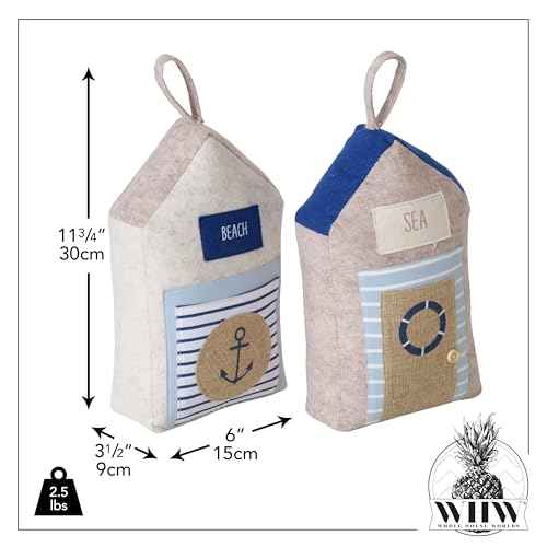 Coastal Cabana Soft Door Stops, Jute, Cotton, Loop Tops, Weighted, 11.75 Inches, House Shaped with Anchor and Lifesaver Fabric Embellishments