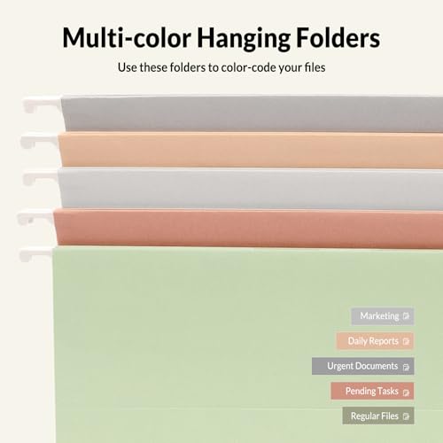SUNEE Pastel Colors Hanging File Folders - Letter Size, 25 Pack with Tabs
