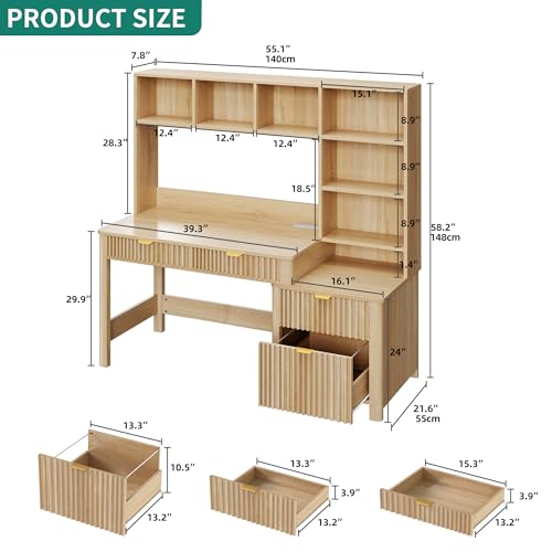 YITAHOME Computer Desk with Hutch and Drawers - Natural Oak