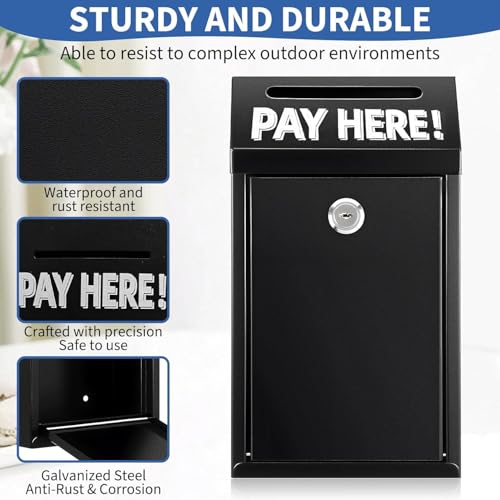 Hualleko Black Metal Donation Box with Lock & Slot - Wall Mount Secure Cash Container