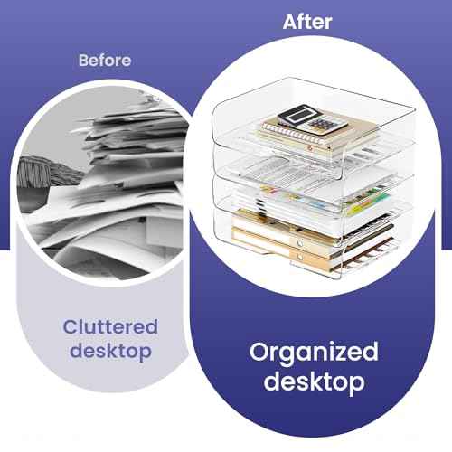 Tomorotec Desk Letter Tray Set, A4 Size Clear PET Stackable Document Organizer Office Desktop File Paper Holder Book Storage Rack Side Load Anti-Skid Stacking Support Convex Bottom (4X Landscape)