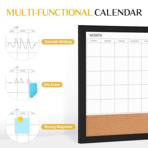 Dry Erase Calendar Whiteboard for Wall, WALGLASS 36" X 24" Cork Monthly Calendar White Board Combo with Aesthetic Wood Framed, Hanging Wall Mounted Large Bulletin Board for Home, School, Office