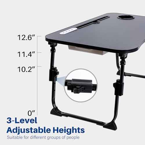 Laptop Desk for Bed, Height Adjustable Laptop Bed Table, Foldable Portable Lap Desk Stand with USB/Storage Drawer/Cup Holder/Slot, Breakfast Tray for Working Reading Writing Eating