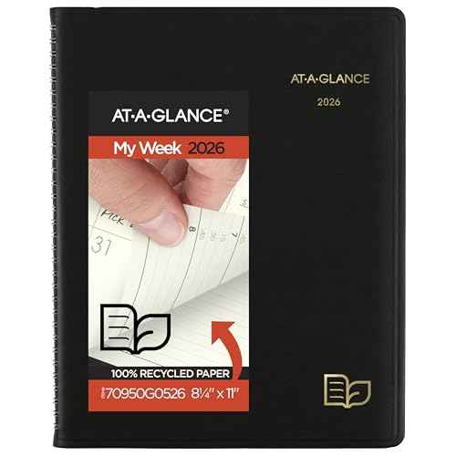 AT-A-GLANCE 2026 Appointment Book Planner, Weekly & Monthly, 8-1/4" x 11", Large, Quarter-Hourly, Recycled, Black (70950G0526)
