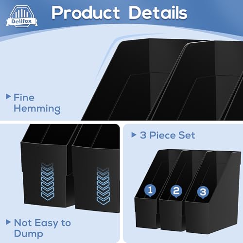 Delifox 3 Pack Black Plastic Magazine Racks Desk Organizer File Bin