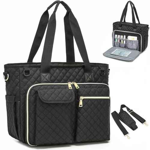 Teacher Tote Bag - 15.6 inch Laptop Teacher Bags for Women, Nurse Bags for Work, Nursing, College, Office & Commuter, Womens Briefcase Quilted Tote Handbag with Insulated Pockets, Black