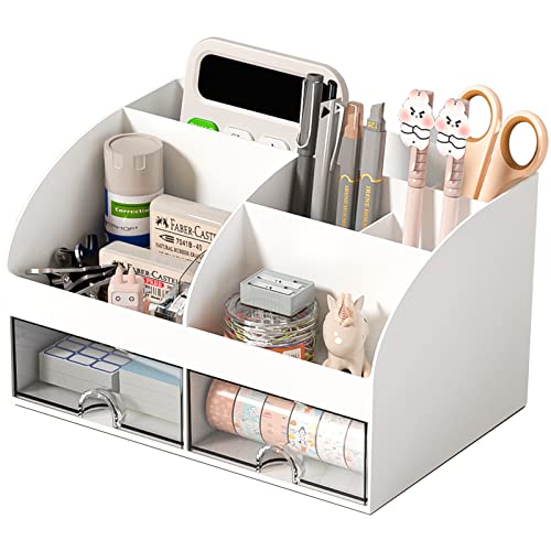 COMFYROOM White Desk Organizer with 6 Compartments & 2 Drawers - 1 Pack