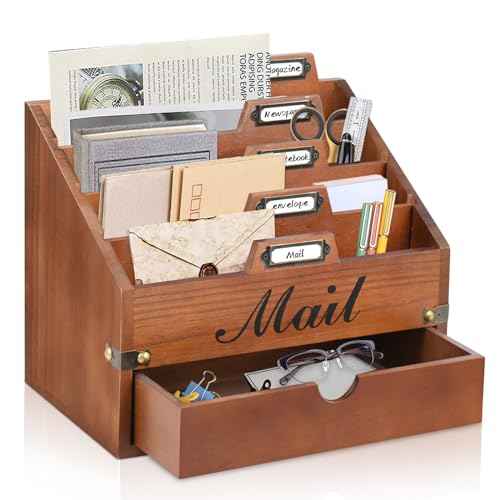 Wood Mail Organizer Countertop, Desktop Mail Organizer with 4 Compartments and Drawer, Mail Holder File Organizer Wall Mount, Desk Accessories & Workspace Organizers, File Paper Holder