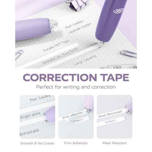 Four Candies Refillable Retractable White Correction Tape, 4PCS Smooth White Pull-Out Tape with 4 Extra Refills, Easy to Use Applicator for Instant Corrections for Office, School Supplies (Purple)