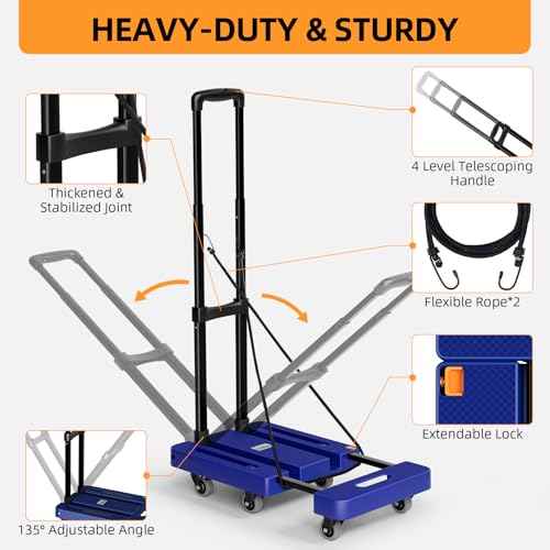 Folding Hand Trucks, Heavy Duty Dolly Cart with 6 Wheels & 2 Elastic Ropes, Foldable & Ideal for Luggage, Travel, Moving, Shopping, Office Use, Hold Up to 500 LB, Easy to Store, Navy Blue
