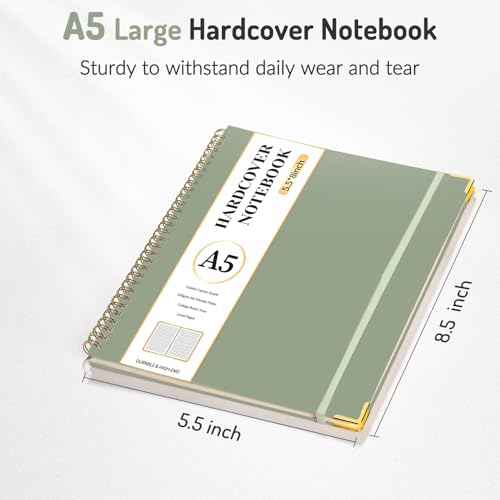 A5 Spiral Notebook Journal for Women & Men, Hardcover Large Notebooks for Work with Content Pages, 100 GSM Paper, College Ruled Journals for Work School Note Taking Writing-Black, Black