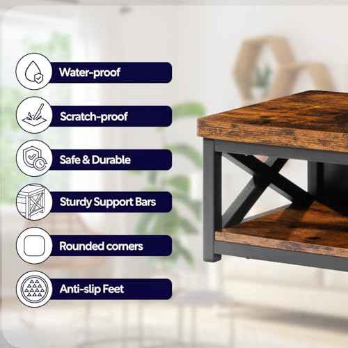 Wooden Step Stool for Adults & Kids with Patented Bottom Shelf ? Anti-Slip Rubber Feet, Heavy-Duty Steel Frame, 500 lbs Capacity ? Bed Step Stool for Adults & Step for Bed ? Rustic Brown