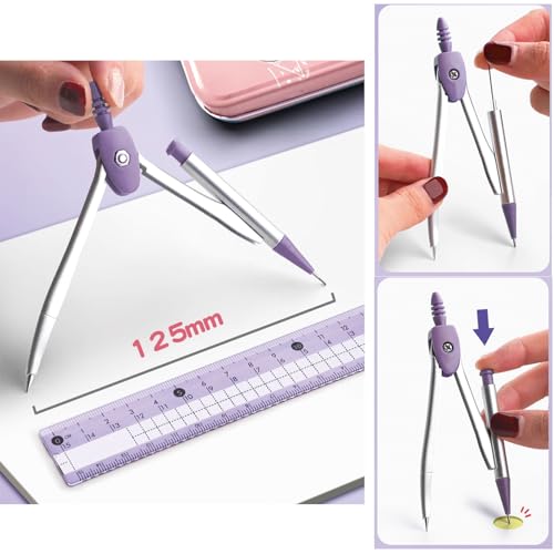 Purple Geometry Set with Compass & Rulers for Drawing - 8 Pcs