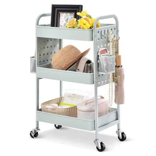 TOOLF 3-Tier Rolling Cart, Metal Utility Storage Cart with DIY Pegboards, Art Craft Trolley with Baskets Hooks, Serving Organizer Easy Assemble for Office, Home, Kitchen, Classroom (Green)
