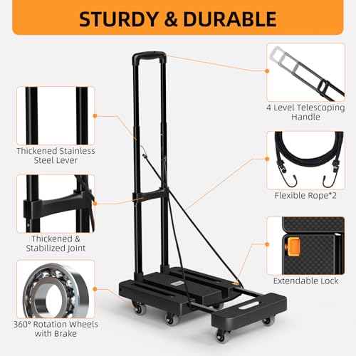 Folding Hand Truck, 500 LB Heavy Duty Luggage Cart, Utility Dolly Platform Cart with 6 Wheels & 2 Elastic Ropes for Luggage, Travel, Moving, Shopping, Office Use, Black