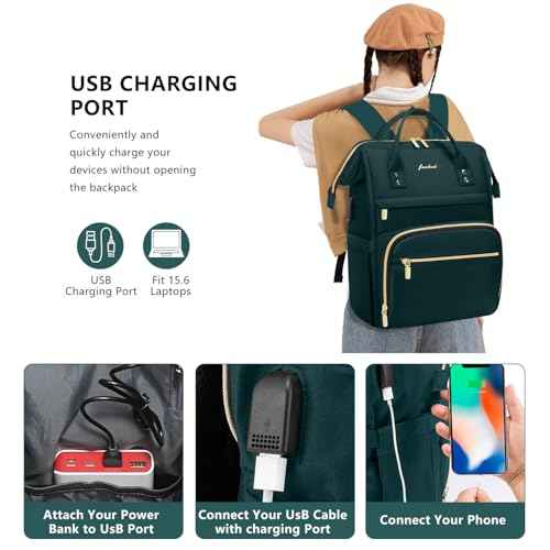 Laptop Backpack for Women Work Bags - 15.6 Inch Professional Womens Travel Backpack Purse Computer Laptop Bag Nurse Teacher Backpack Waterproof Carry on Back Pack with USB Port Dark Green