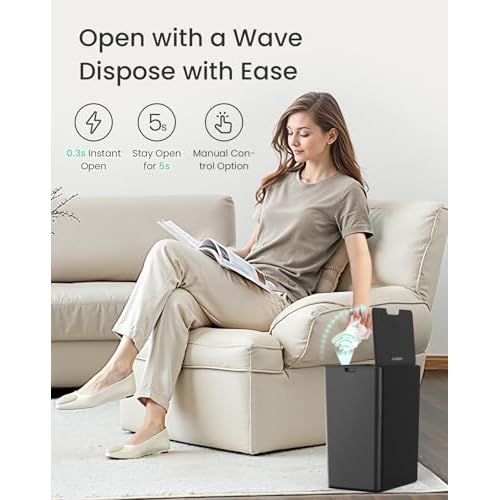 Cesun 4 Gallon Bathroom Trash Can with Lid, Small Automatic Trash Can, Touchless Motion Sensor Garbage Can, Black Plastic Waste Basket for Bathroom, Bedroom, Toilet, Office, Rv