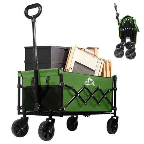 Collapsible Wagon Folding Utility Cart, Beach Wagon 352LBS Heavy-Duty with Adjustable Handles, 5" Quiet Swivel Wheels, Lightweight (11lbs) for Groceries, Camping, Moving, Green