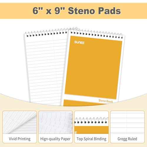 SUNEE 2 Pack Steno Pads 6x9, Gregg Rule, 60 Sheets, Spiral Notebook 6x9, White Paper, Take Notes with Top Spiral Notebook, for School, University, College, Work, Office, Yellow