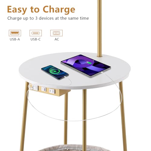 Floor Lamp with Cat Bed and Charging Station, Adjustable Lampshade, 3 Color Temperatures, Remote & Foot Switch Control, Standing Lamp with USB & AC Outlets for Living Room Bedroom, Gold