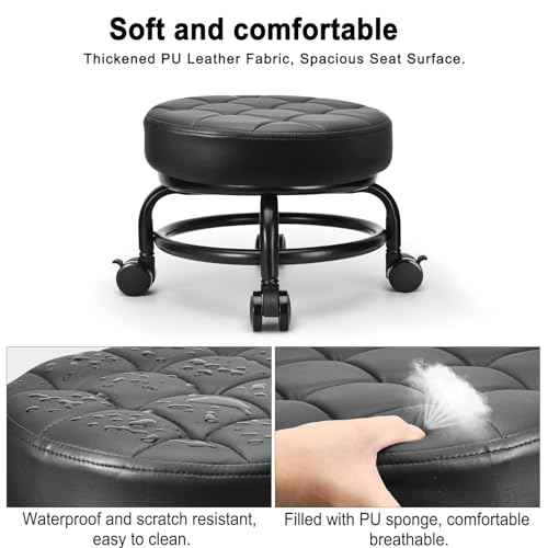 Low Roller Seat Low Height Rolling Stool PU Leather Rolling Stool, Modern Rolling Chair for Home Office Garage Shop