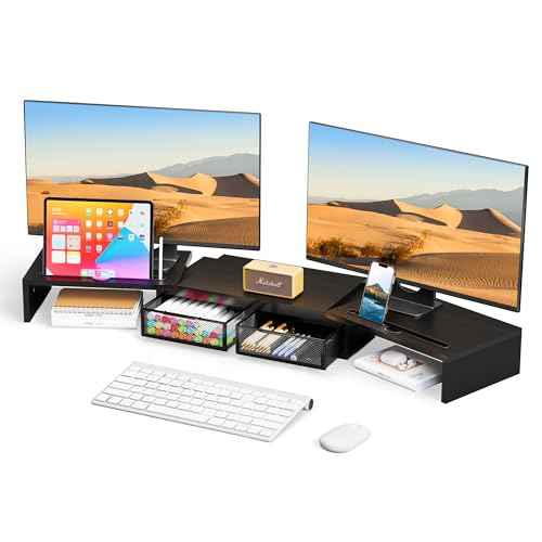 ZIFTY Dual Monitor Stand Riser with 2 Drawer and Smartphone Holder, Desk Organizer for 3 Monitors, Adjustable Length & Angle Workspace Organizers for Monitors Laptop Printer Computer, Black