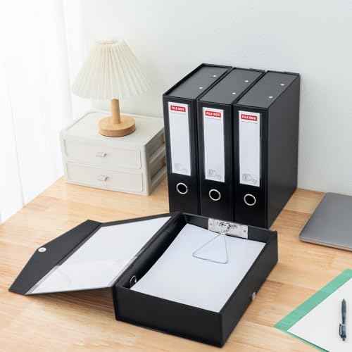 Storage File Boxes 4 Pack, Foldable Archives Cases with Clip, 88mm Spine, File Boxes with Magnetic Closure, Plastic Document File Organizer Storage, Black