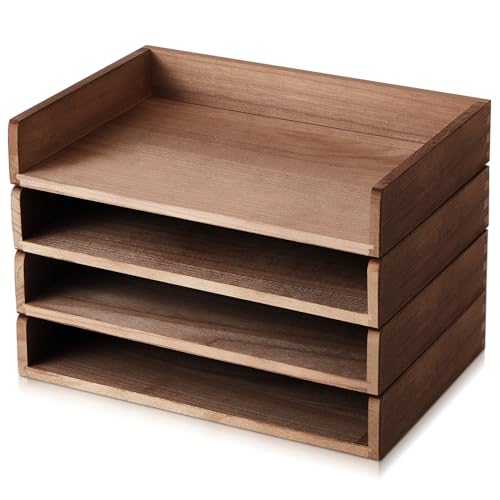 Yeaqee 4 Pcs Stackable Paper Organizer Tray Wood Desk Organizer Letter Tray Desktop Letter Size Office Wooden Desk Shelf Paper Holder Folder Organization Rack for Mail File Document(Dark Wood Color)