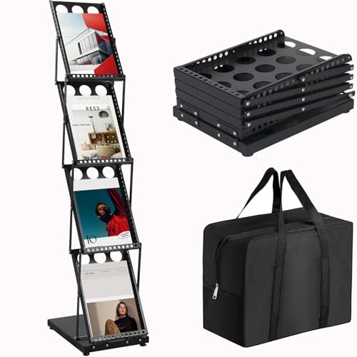 Brochure Display Stand Foldable Magazine Rack, Metal Brochure Holder Literature Rack with Carrying Bag, 4 Pockets Literature Stand for Exhibition Trade Show and Office Retail Store, Black