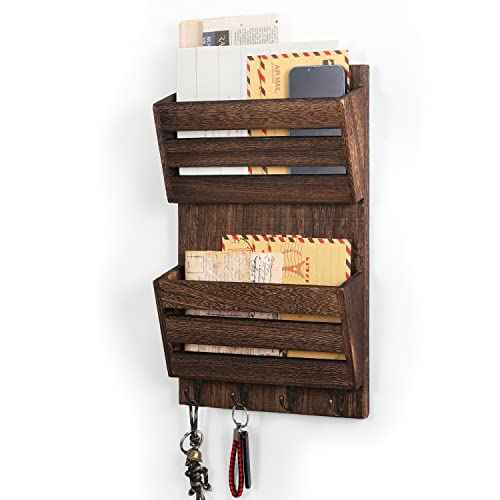 MOOACE Mail Organizer Wall Mount with Key Hooks, 2-Slot Wood Mail and Key Holder, Wall File Organizer Office Letter Folder Accessories Organizer Home Farmhouse Decor