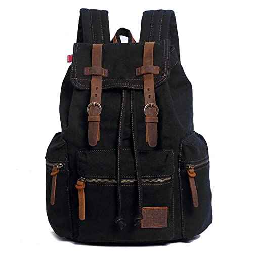 Canvas Backpack Unisex Vintage Casual Rucksack 17 inch Laptop Daypacks Schoolbag College Bookbag Hiking Camping Travel Bag Black