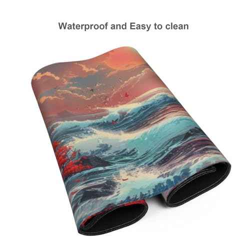 Japanese Desk Mat - 48 x 24 Inches - Sea Wave Extended Big Mouse Pad Large,XXXL Gaming Mouse Pad Desk Pad with 3mm Non-Slip Base and Stitched Edge for Home Office Work,Fantasy Artwork Style