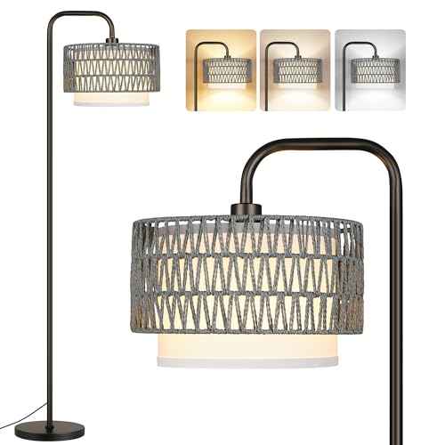 PARTPHONER 68¡®¡¯Floor Lamp for Living Room, Tall Standing Lamp with Remote 3 Color Temperatures Dimmable Bulb, Gray Rattan and Fabric Dual Shades