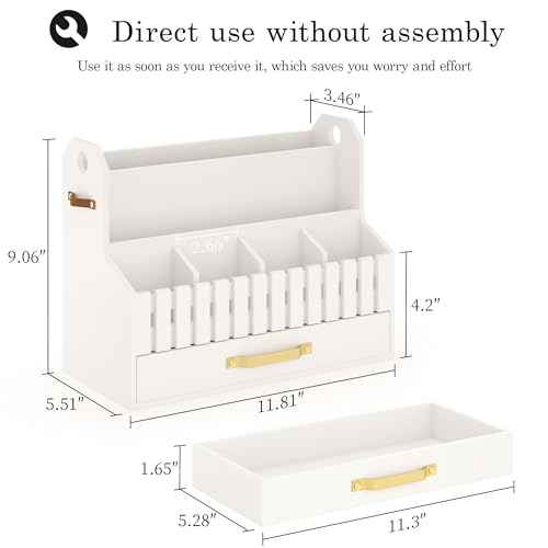 Bamboo Mail Organizer Countertop with Drawers, Wood Desk File Organizer Desktop Paper Organization Storage Bill & Letter Sorter Holder for School Home Office Supplies, No Assembly Required (White)