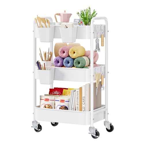 3 Tier Rolling Cart Metal with Wheels, White Three Tiered Craft Cart Organizer on Wheels, Storage Utility Carts for Art, Baby Nursery,Diaper Caddy, Cleaning Supplies, Nail,Lash,Snack,Book,Roller Shelf