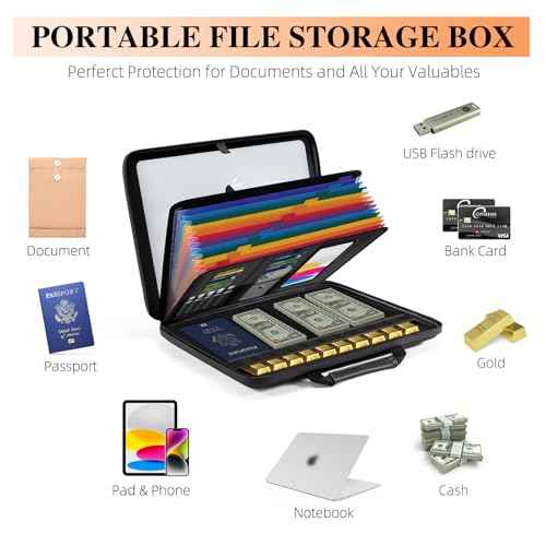 Fireproof Document Box File Organizer: Hard-Shell Case Fireproof Waterproof Box with Lock & 13 Pocket Accordion File Folder - Portable Home Office Travel Safe Storage for Important Documents and Files