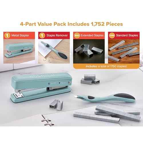 Bostitch Titan Heavy Duty Metal Stapler, 50 Sheet Capacity with 1250 Staples and Ergonomic Staple Remover, Jam Free Stapling, Full Strip Stapler for Desk, Office and Classroom, Sage