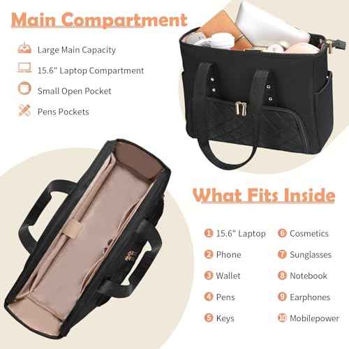 Jetviivid Laptop Tote Bag for Women, Work Bag with Insulated Lunch Compartment, 15.6 Inch Laptop Purse for Office,Teacher,College,Nurse,Travel, Black