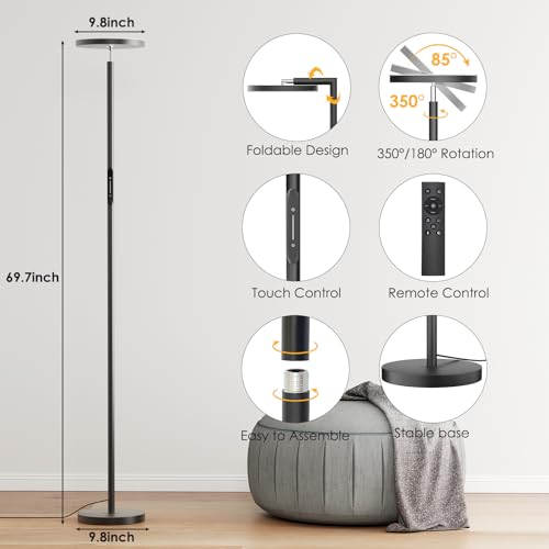 Floor Lamps for Living Room, 32W 3000LM Super Bright LED Torchiere Floor Lamp with Remote & Touch Control, 69" Tall Standing Lamp with 350¡ÆRotating Head for Reading Office Bedroom