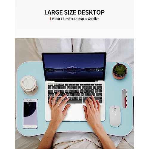 Foldable Laptop Table, Portable Lap Desk Bed Table Tray, Laptop Stand with Cup Holder & Tablet Slot & Lifting Handle for Working Writing Drawing & Eating (Blue)