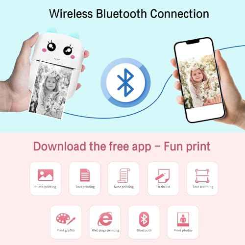 Mini Sticker Printer USX1, Inkless Thermal Pocket Receipt Printer, 203DPI, Bluetooth, Pink, 11 Rolls Paper, iOS & Android Compatible