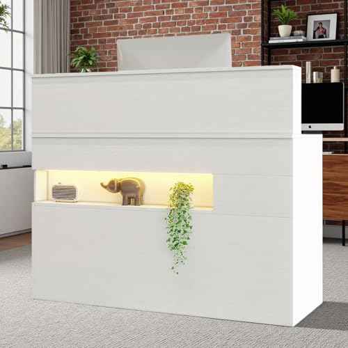 Reception Desk with Counter, Modern Front Table Equipped with Drawers & Keyboard Tray, 47.2-inch Checkout Counter with LED Lights & Power Outlets for Lobbies, Salons, Retail, Home Offices