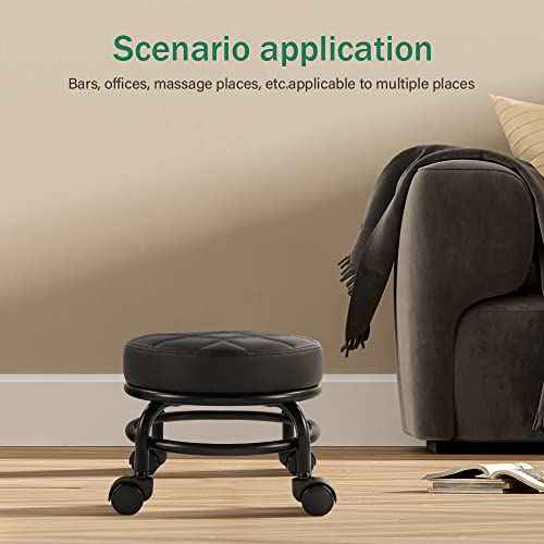 FURWOO Low Roller Seat PU Leather Rolling Stool with Wheels for Manicure, Mechanic,Home Office, Garage Shop Black