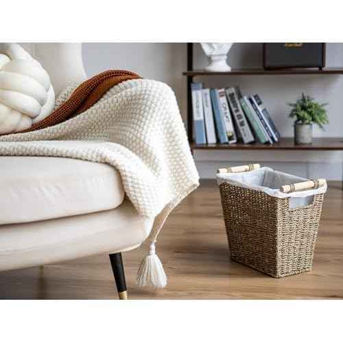StorageWorks Seagrass Waste Basket for Living Room, Wicker Trash Can with Wooden Handles for Bedroom, Bathroom Trash Can, 12 Liter, 1 Pack