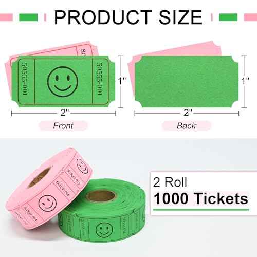 L LIKED 1000 Raffle Tickets, Smile,2 Color Set of 500 1" x 2" Single Roll,Tickets for Raffles, Carnival, Door Prizes and Class Reward - Pink/Green