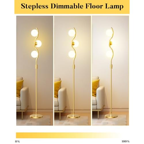 Lightdot 60IN Gold Floor Lamp Stepless Dimmable Globe Floor Lamps with 3Pcs 3000K G9 Bulbs Eye-Friendly Mid Century Standing Lamps with Stable Base for Living Room/Bedroom/Corner/Office