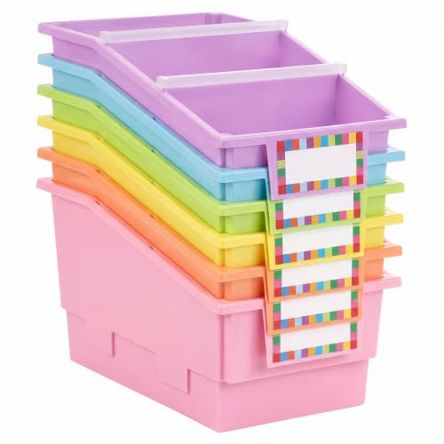 Candy Color 6 Pack Classroom Book Bins with Dividers & Labels – Storage Organizer