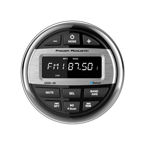 Power Acoustik MMR-4B Marine Grade Receiver Radio, AM/FM/WB Tuner, Bluetooth Audio & Phone Calling, USB Playback (to 64GB), IPX5 Watertight, 4-Ch, Front/Rear/Sub Preamp Outputs, AUX Input, EQ Presets