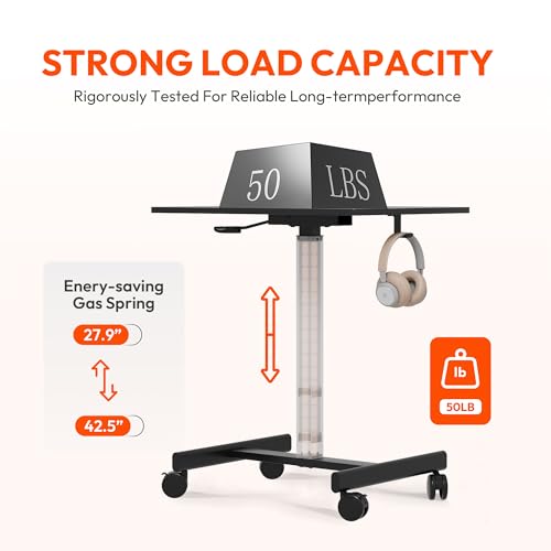 Gamork Carbon Fiber Black Standing Desk on Wheels, Pneumatic Height Adjustable, Mobile Home Office Desk