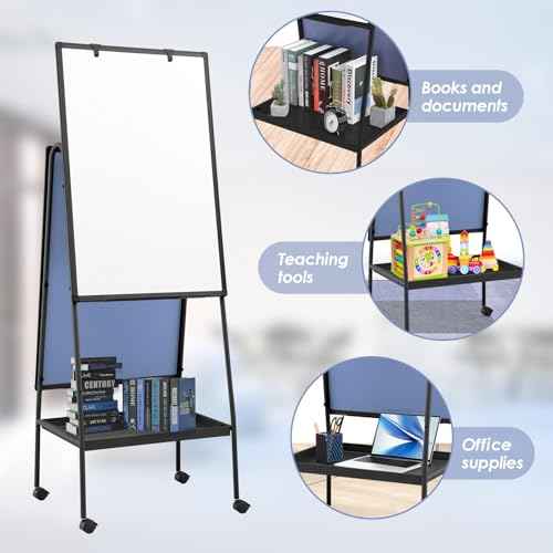 MAKELLO Rolling Whiteboard on Wheels 36x24 in, Double Sided Mobile White Board with Storage Tray for Office School Home, Magnetic Classroom Easel for Teacher, Height Adjustable, Aluminum Frame, 3'x2'